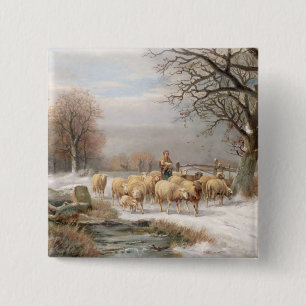 Shepherdess met haar kudde in een winterlandschap vierkante button 5,1 cm