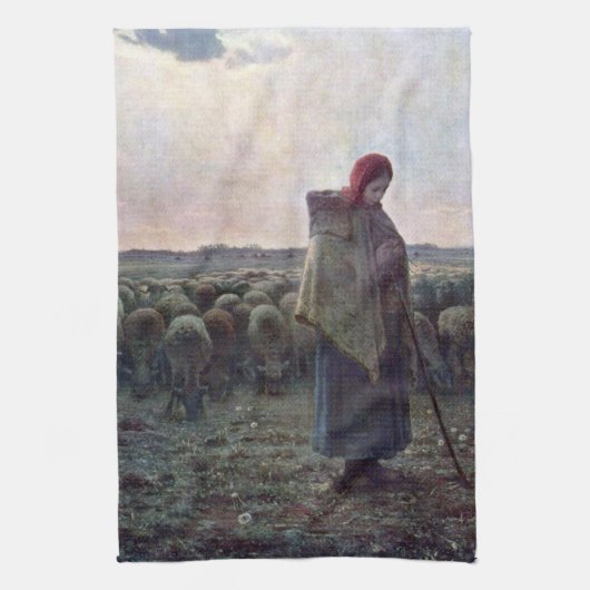 Shepherdess met Hare Flock, Jean-Francois Millet Theedoek (Verticaal)