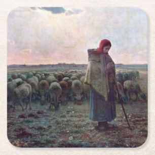 Shepherdess met Hare Flock, Jean-Francois Millet Vierkante Kartonnen Onderzetter