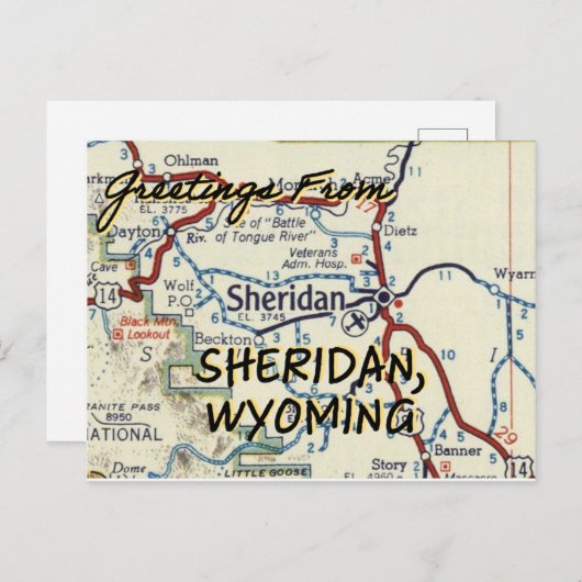Sheridan WY Map Briefkaart (Voorkant / Achterkant)