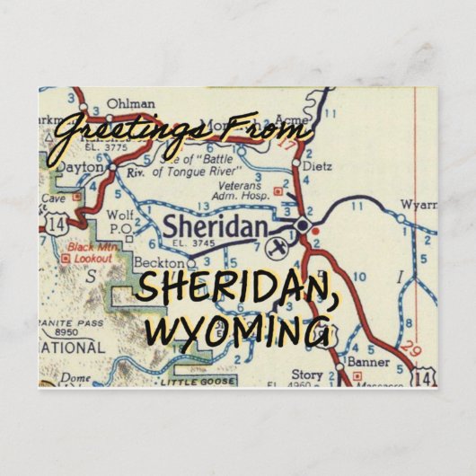 Sheridan WY Map Briefkaart (Voorkant)