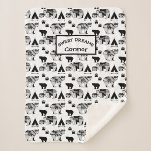 Sherpa Blanket BEREN Woodland B/W CUSTOM NAME Deken