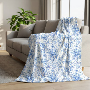 Sherpa Couverture florale Toile de Jouy bleue chic avec r
