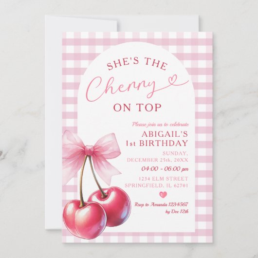 She's Cherry op de Gingham Pink Birthday Bow Kaart (Voorkant)