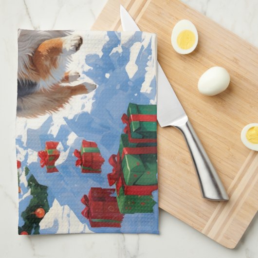 Shetland herdershond loopt sneeuw met kerst Pet Theedoek (Quarter Fold)