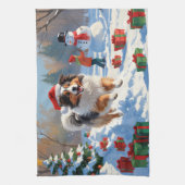 Shetland herdershond loopt sneeuw met kerst Pet Theedoek (Verticaal)