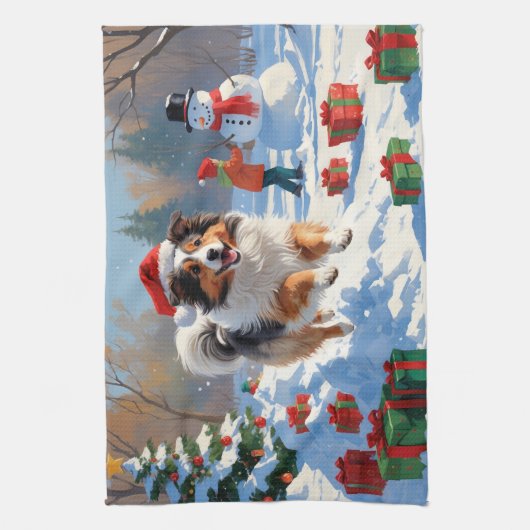 Shetland herdershond loopt sneeuw met kerst Pet Theedoek (Verticaal)