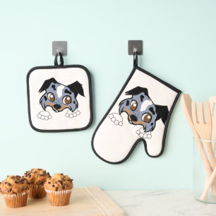 Shetland Sheepdog Blue Merle Tri Kijken Cartoon Ovenwant & Pannenlap Set