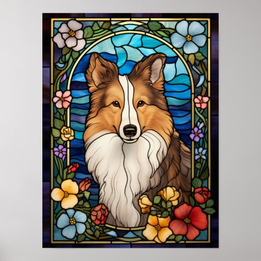 Shetland Sheepdog en Bloemen Glas-in-Loodraam Poster (Voorkant)