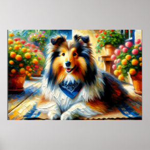 Shetland Sheepdog in Cottage Garden Scene Poster