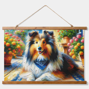 Shetland Sheepdog in Cottage Tuin Scene Hangend Wandkleed