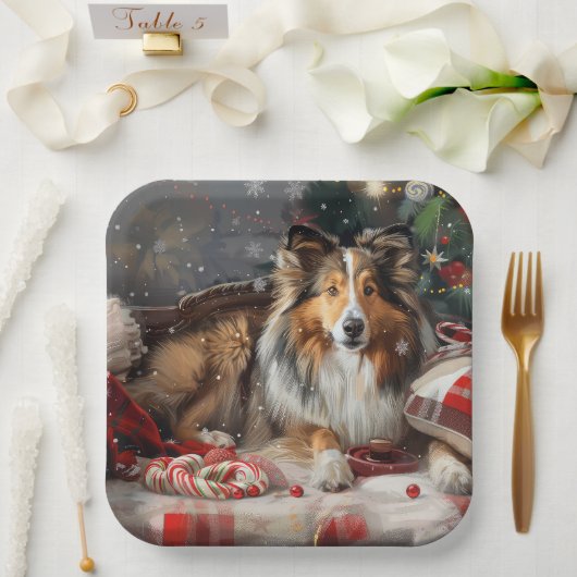 Shetland Sheepdog Kerstfeest Papieren Bordje (Huwelijk)