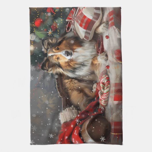 Shetland Sheepdog Kerstfeest Theedoek (Verticaal)