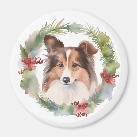Shetland Sheepdog Kerstkrans feestelijke pup Magneet (Voorkant)