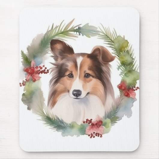 Shetland Sheepdog Kerstkrans feestelijke pup Muismat (Voorkant)