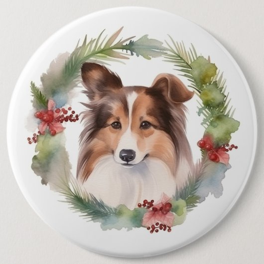 Shetland Sheepdog Kerstkrans feestelijke pup Ronde Button 6,0 Cm (Voorkant)