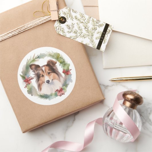 Shetland Sheepdog Kerstkrans feestelijke pup Ronde Sticker (Geschenken)