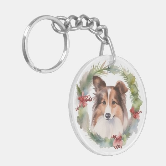 Shetland Sheepdog Kerstkrans feestelijke pup Sleutelhanger (Voorkant Links)