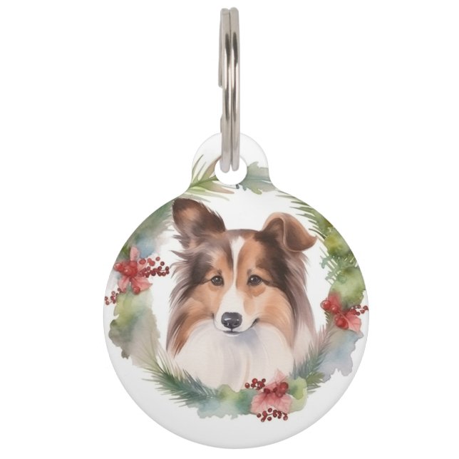Shetland Sheepdog Kerstkrans Festieve Pup Huisdierpenning (Voorkant)