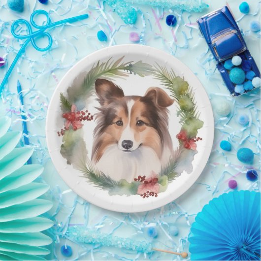 Shetland Sheepdog Kerstkrans Festieve Pup Papieren Bordje (Feest)