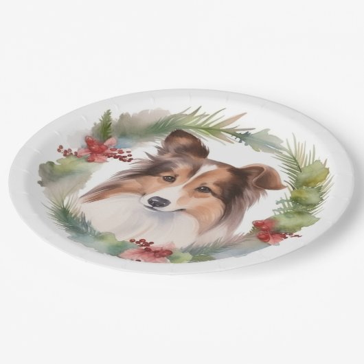 Shetland Sheepdog Kerstkrans Festieve Pup Papieren Bordje (Gekanteld)