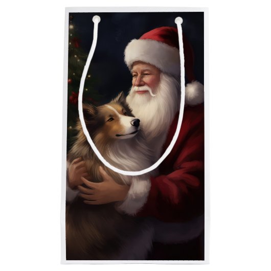 Shetland Sheepdog Kerstman Feestelijke Kerstmis Klein Cadeauzakje (Voorkant)