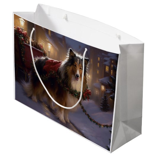 Shetland Sheepdog Kerstmis Feestelijk Seizoen Groot Cadeauzakje (Achterkant Gekanteld)