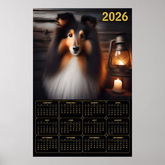 Shetland Sheepdog Lantern Glow Rustic Dog Calendar Poster (Voorkant)