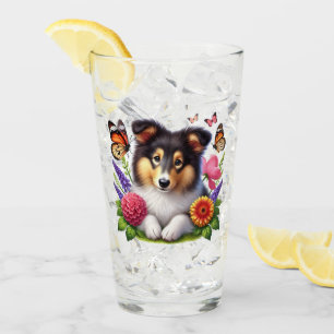 Shetland Sheepdog met bloemen en vlinders Glas