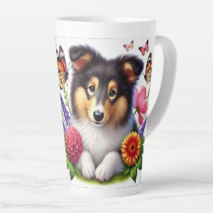 Shetland Sheepdog met bloemen en vlinders Latte Mok