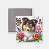 Shetland Sheepdog met bloemen en vlinders Magneet (Voorkant / Achterkant)