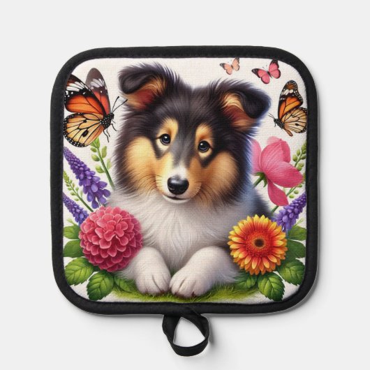 Shetland Sheepdog met bloemen en vlinders Pannenlap (Voorkant)