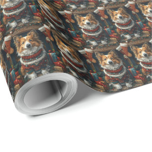 Shetland Sheepdog met kerstcadeaus bij de open haa Cadeaupapier