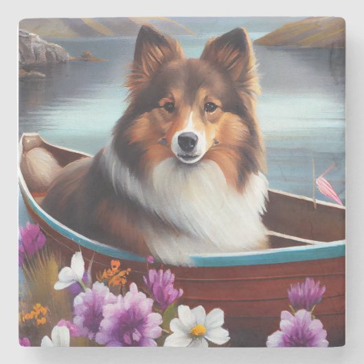 Shetland Sheepdog op een peddel: een Schilderachti Stenen Onderzetter (Voorkant)