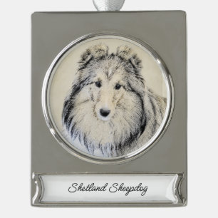 Shetland Sheepdog Painting - Cute Original Dog Art Verzilverd Banner Ornament