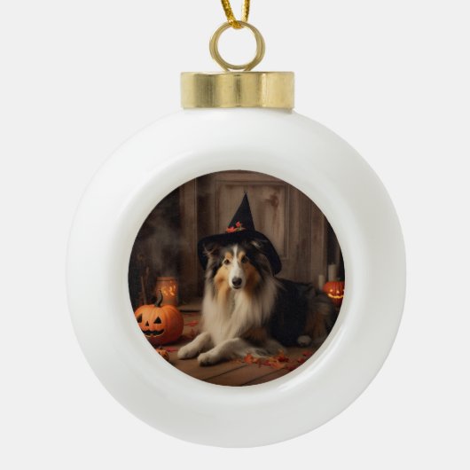 Shetland Sheepdog pompoenen Halloween eng Keramische Bal Ornament (Voorkant)