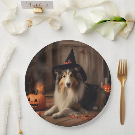 Shetland Sheepdog pompoenen Halloween eng Papieren Bordje (Huwelijk)