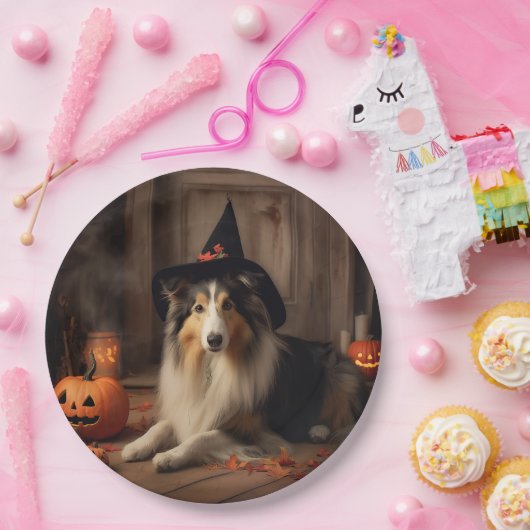 Shetland Sheepdog pompoenen Halloween eng Papieren Bordje (Feest)