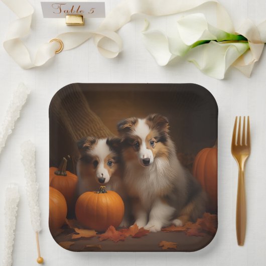 Shetland Sheepdog Puppy Herfst Delight Pompoen Papieren Bordje (Huwelijk)