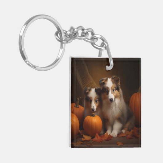 Shetland Sheepdog Puppy Herfst Delight Pompoen Sleutelhanger (Voorkant Links)