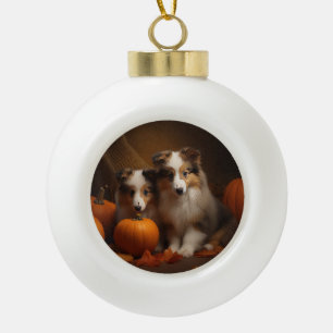 Shetland Sheepdog Puppy Herfstpracht Pompoen Keramische Bal Ornament