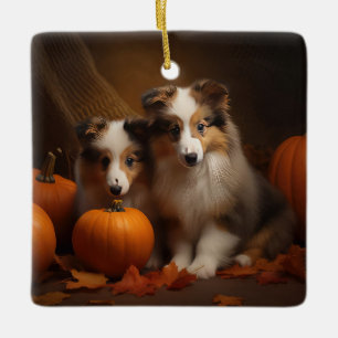 Shetland Sheepdog Puppy Herfstvreugde Pompoen Keramisch Ornament
