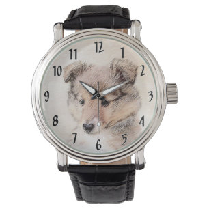 Shetland Sheepdog Puppy Pap Painting Original Dog  Horloge