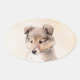 Shetland Sheepdog Puppy Pap Painting Original Dog Ovale Sticker
