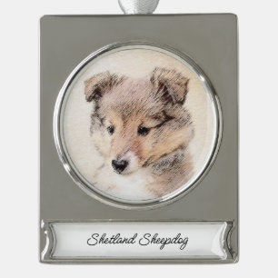Shetland Sheepdog Puppy Pap Painting Original Dog Verzilverd Banner Ornament