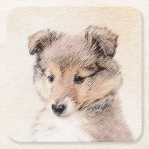 Shetland Sheepdog Puppy Pap Painting Original Dog Vierkante Kartonnen Onderzetter