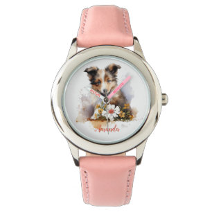 Shetland Sheepdog Puppy Pet Waterverf Flower Horloge
