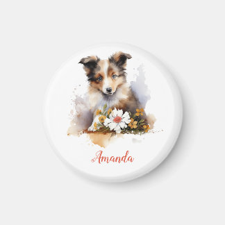Shetland Sheepdog Puppy Pet Waterverf Flower Magneet