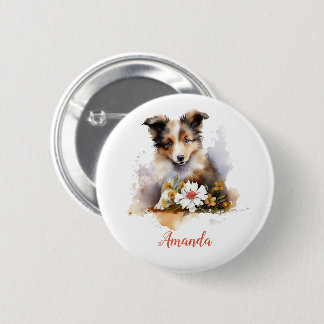 Shetland Sheepdog Puppy Pet Waterverf Flower Ronde Button 5,7 Cm