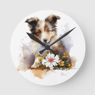 Shetland Sheepdog Puppy Pet Waterverf Flower Ronde Klok